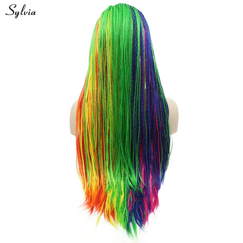 Sylvia Braided Box Braids Wig Long Rainbow Yellow Green Orange Pink Blue Synthetic Lace Front Wigs For Women Natural Looking Wig