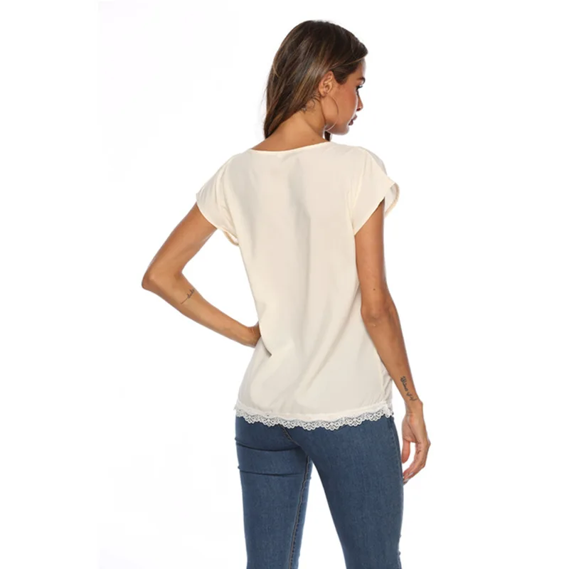 Mujeres Casual cuello pico de manga corta de encaje camisetas Tops