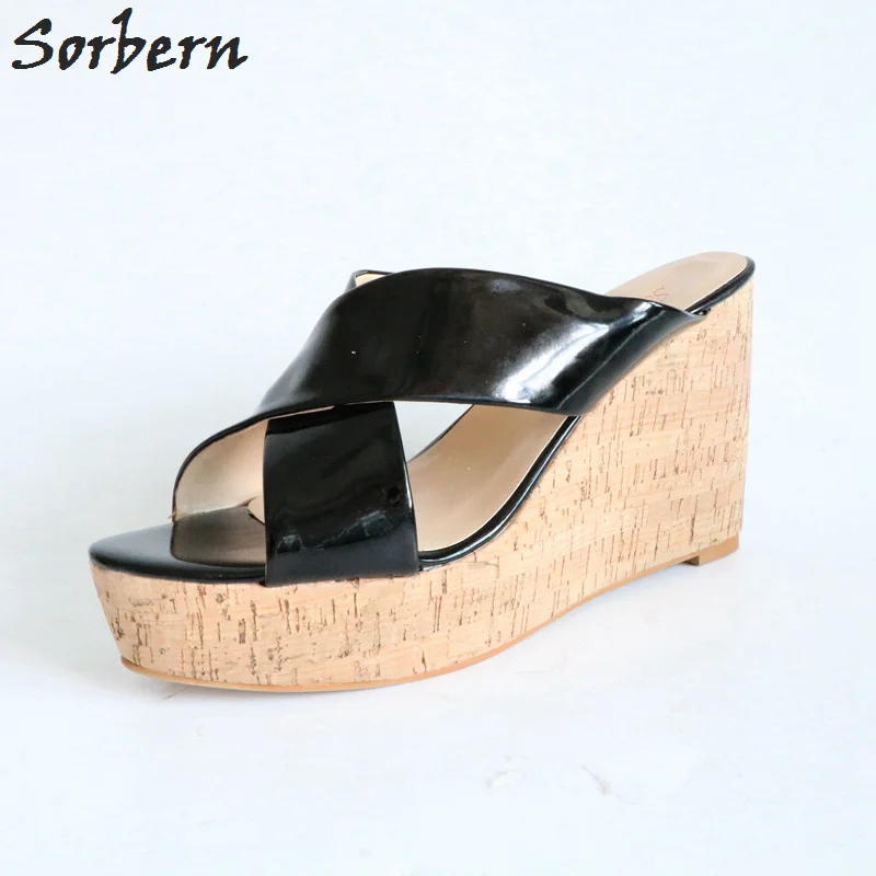 

Sorbern Wide Cross Strap Women Slippers Slip On Summer Shoes Slides Custom Colors Wedge High Heel Slipper Unisex Plus Size 15