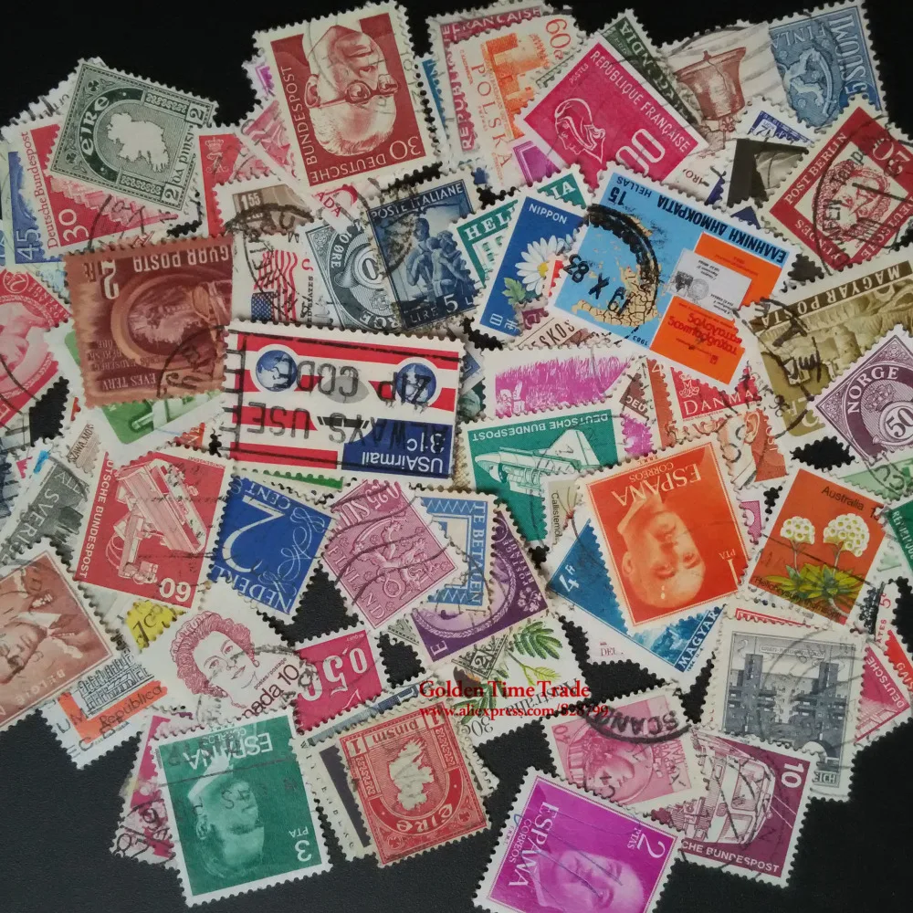 100 PCS/LOT All Different  Old / Vintage  Postage  Stamps Brand With Post  Mark , No repetition timbres stamps