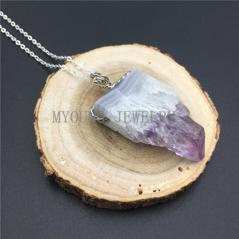 MY0874 Free Form Purple Crystal Stalactite Druzy Slice with Wire Wrapped Pendant Silver Chain Necklace