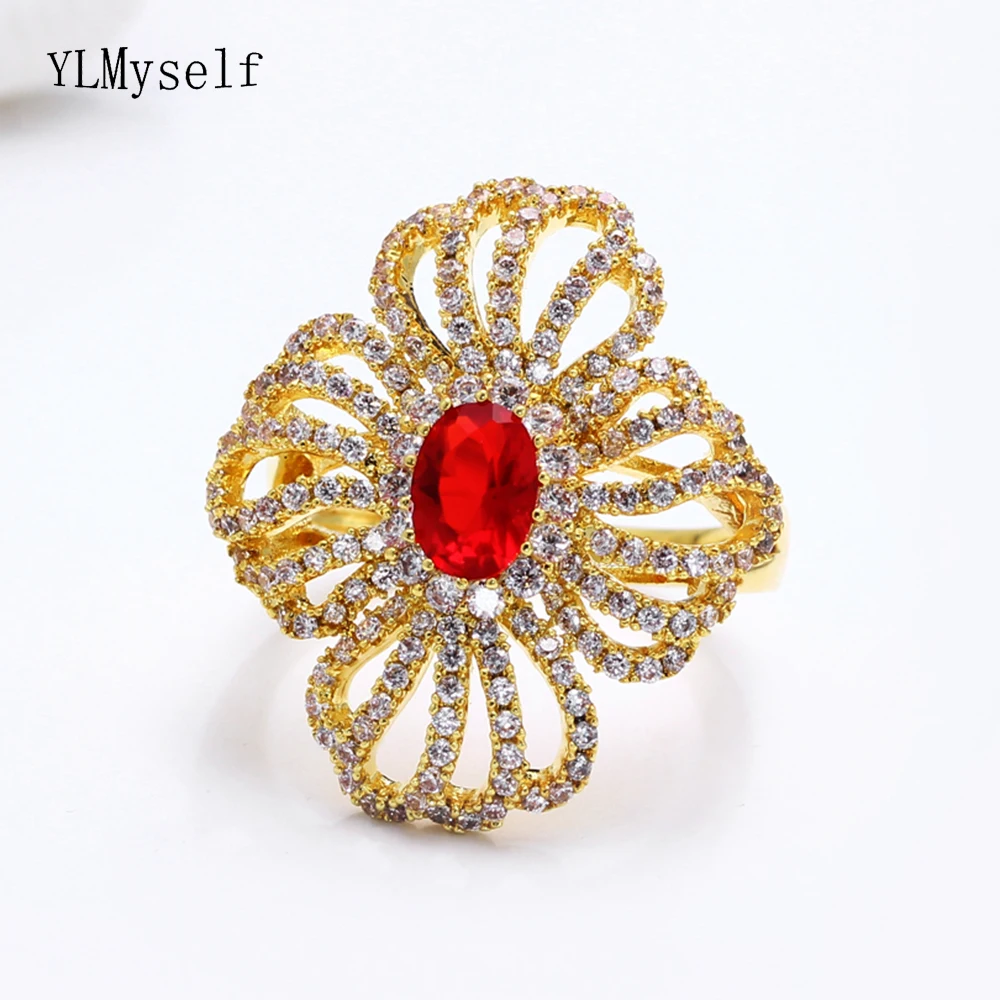 Luxury Hollow Line design Ring Gold-color Red Stone Jewellery Cubic Zirconia Beautiful Jewelry Large rings for women