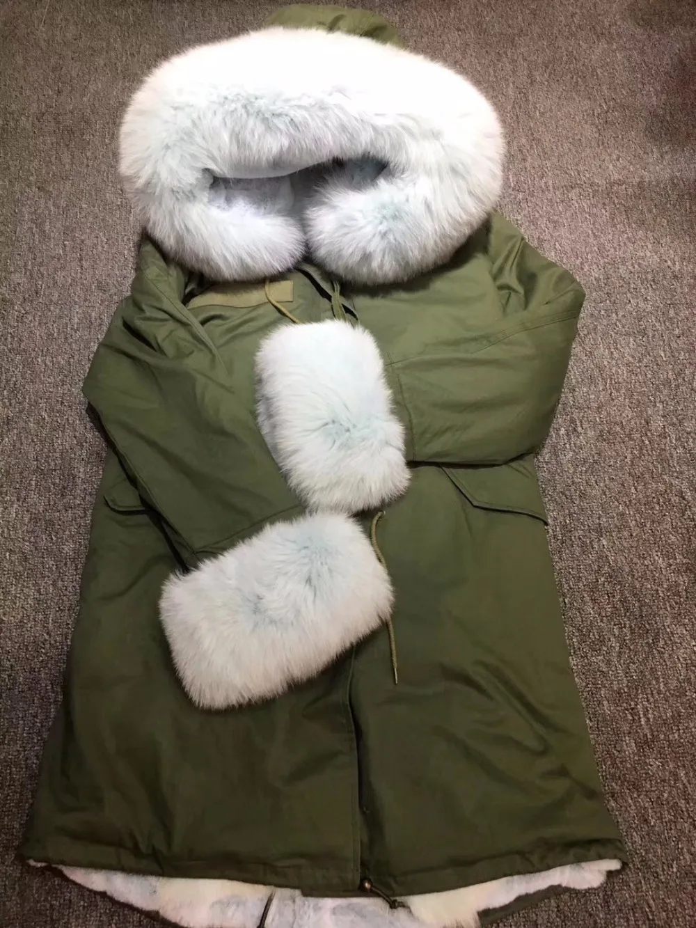 

New Coming Aqua Blue Faux Fur Parka Winter Long Style Women Overcoat With Fox Fur Trimming Nice Clothes