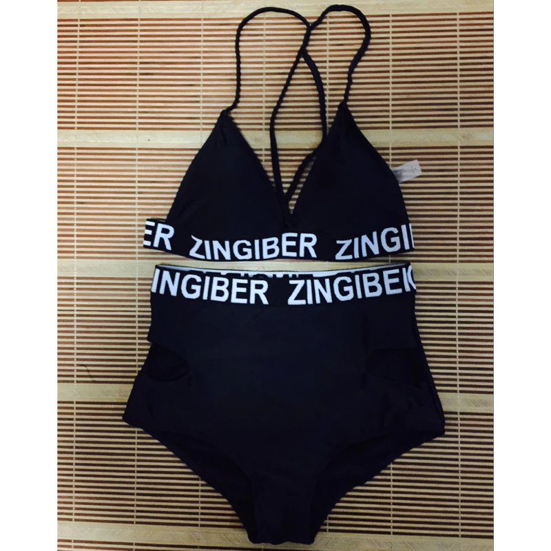 FS High Cut Bikinis Set Black Letter Zingiber Halter Top Bandage High Waist Bathing Suit Swimsuit Plus Size Swimwear Beach Women