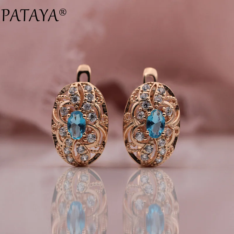 PATAYA 328 Anniversary 585 Rose Gold Color Oval Micro Wax Inlay Natural Zircon Dangle Earrings Women Wedding Party Jewelry