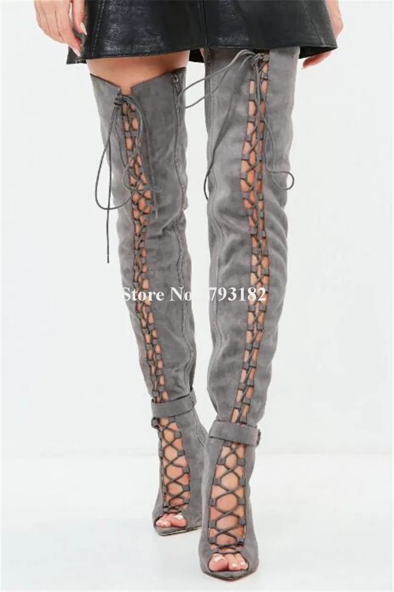 Western Style Women Fashion Peep Toe Suede Leather Over Knee Gladiator Boots Cut-out Lace-up Grey High Heel Long Boots