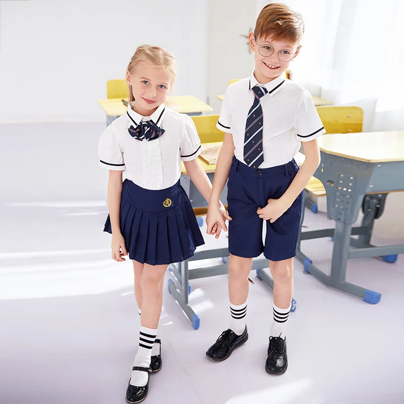 Kids School Uniform Children Summer Kindergarten Clothes British Style Chorus Clothing Short Sleeve 3pcs Shirt Skirt Tie D-0636