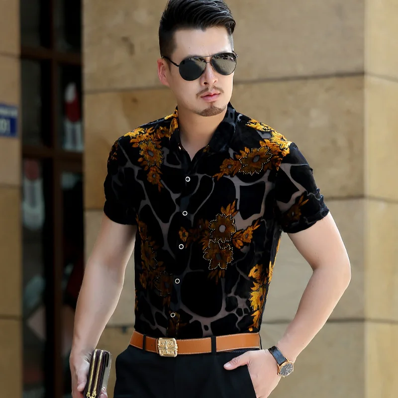 

Men's summer hollow short sleeve shirt transparent sexy mens shirt see through floral dress shirts