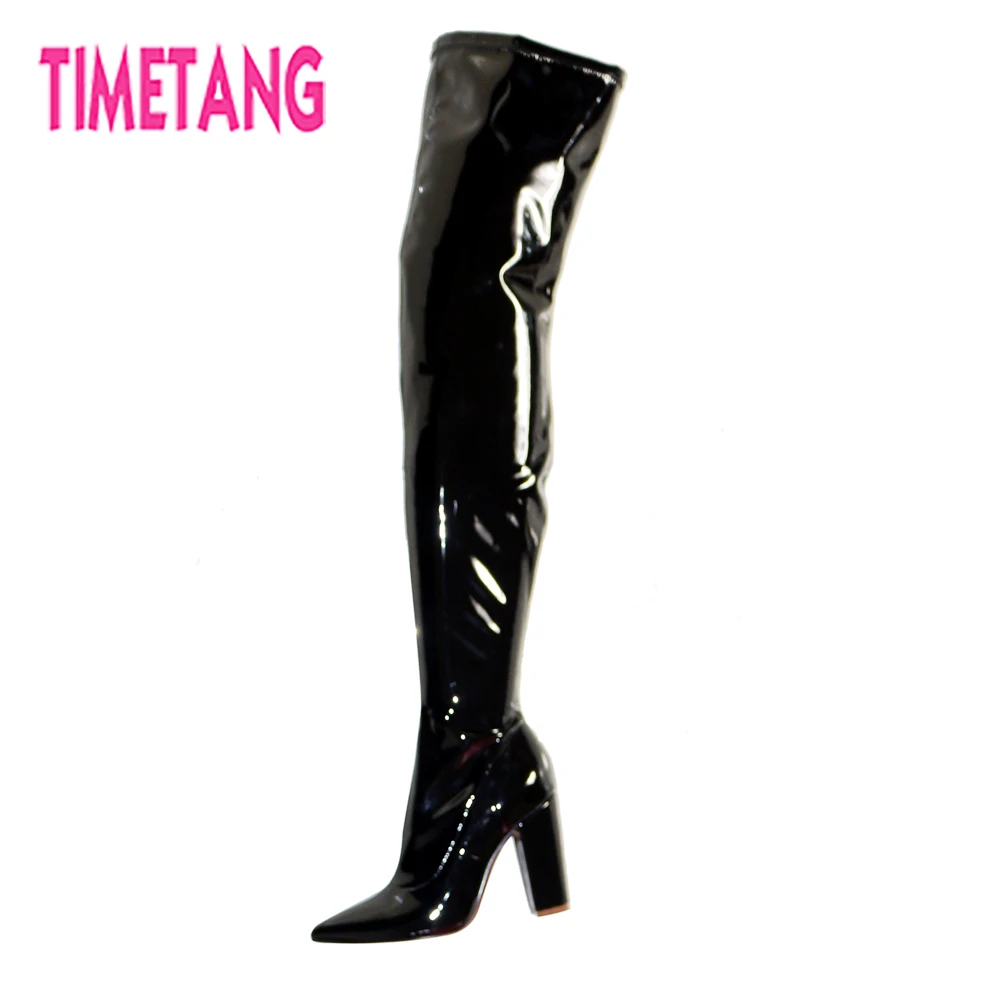 

TIMETANG Fashion PU Patent Leather Women Over-the-Knee Long Boots Pointed Toe Thick Square Heel Thigh High Ladies Shoes Big Size