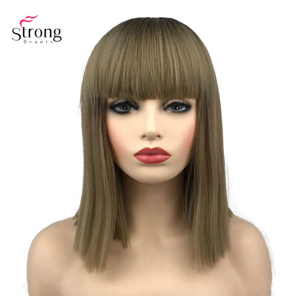 

StrongBeauty женский синтетический парик волосы омбре натуральная аккуратная прическа с челкой золотисто-коричневые длинные прямые парики