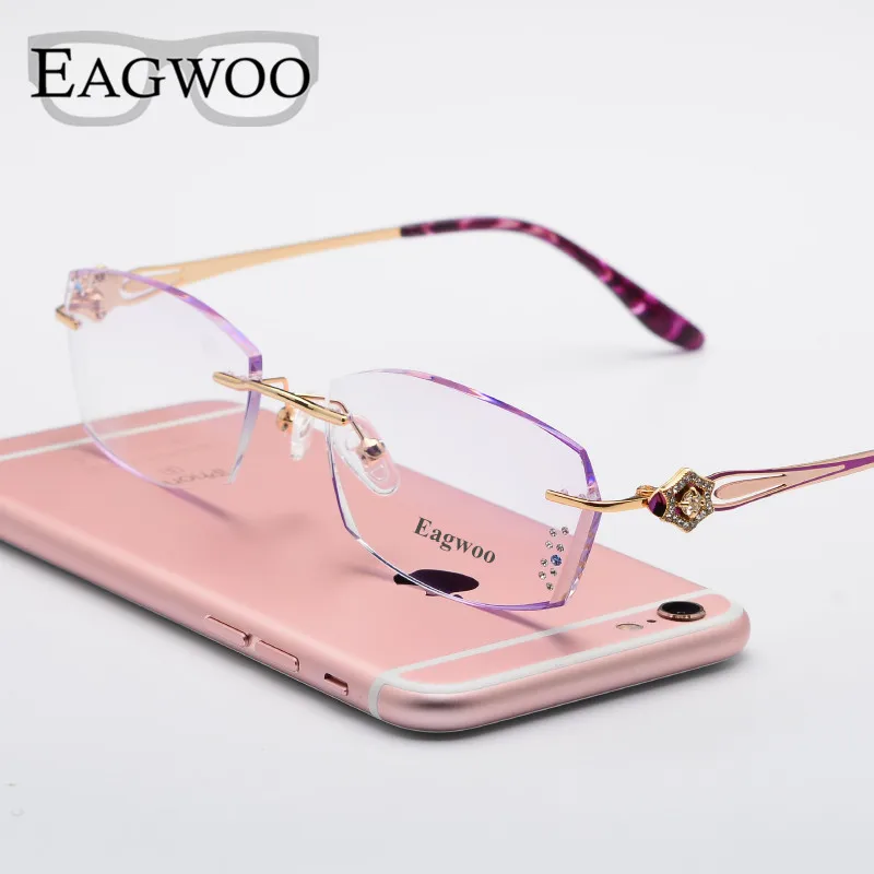 Woman Designed Rimless Prescription Glasses Reading Myopia Use MR-8 Diamond Eyeglasses With Tinted Colorful Lenses 1002