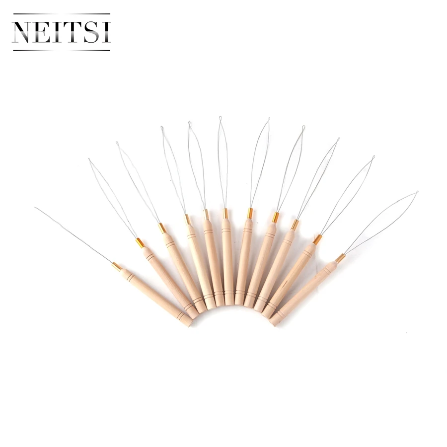 Neitsi Hair Extension Hook Needle Pulling Tool Threader Micro Rings Beads Loop Wooden Handle With Iron Wire 10pcs/lot