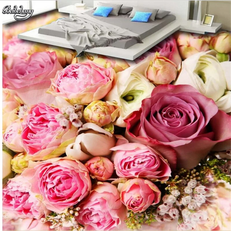 

beibehang Beautiful pink roses sea living room 3D floor tiles custom large fresco pvc wearable environmental waterproof floor