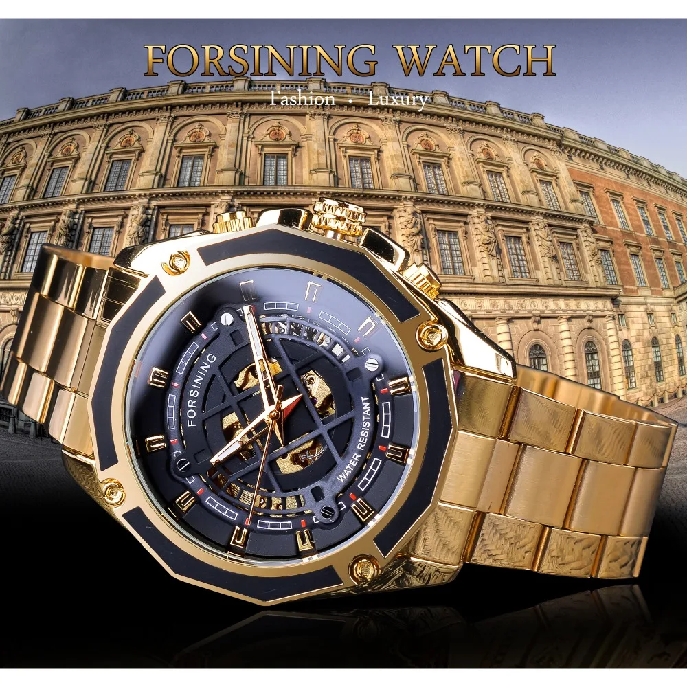 Forsining 2019 3D Transparent Design Gold Stainless Steel Mens Automatic Skeleton Watch Top Brand Luxury Male Clock Montre Homme