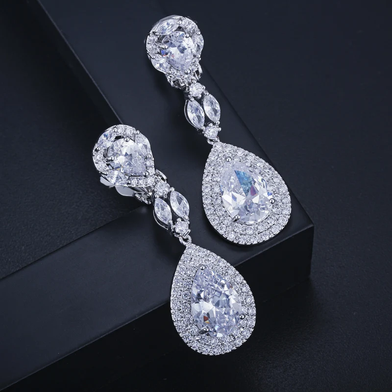 CWWZircons Luxury Round Water Drop Non Pierced CZ Wedding Earrings High Quality Clip on Long Earring Without Piercing CZ399