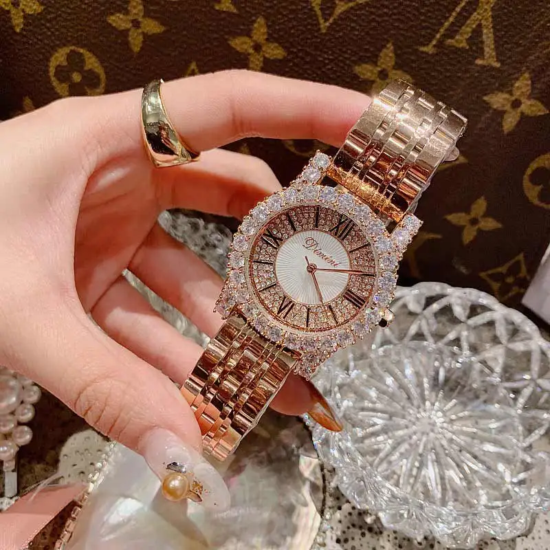 2019 Fashion Top Brand Luxury Fully Diamond Women Watches Quartz Waterproof Stainless Steel Roman Face Wrist Watches For Women