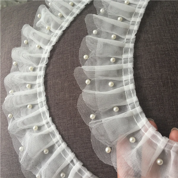 6.5CM Wide Luxury Tulle White 3D Lace Bridal Applique Glitter Beads Ruffle Trim Wedding Dress Clothing Sewing Guipure Supplies