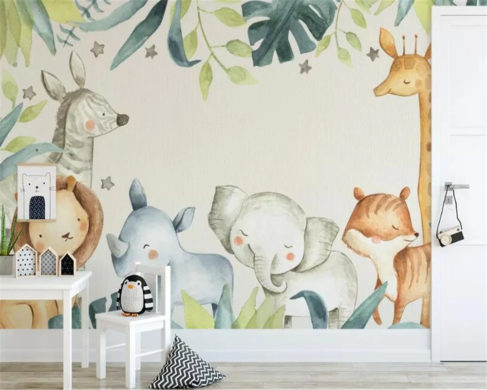 Custom size mural cartoon animals Tropical plants decorative paintings for children giraffe elephant animals 3d wallpaper photos