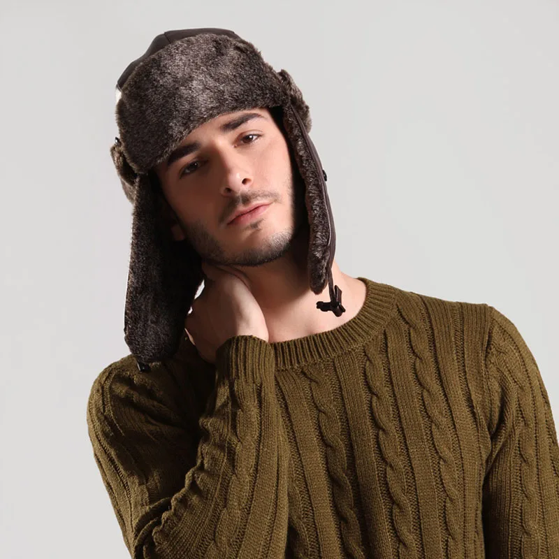 Bomber Hat with Ear Flap Mens Winter Faux Leather Fur Russian Earflap Trapper Cap Aviator Fleece Beanie Male