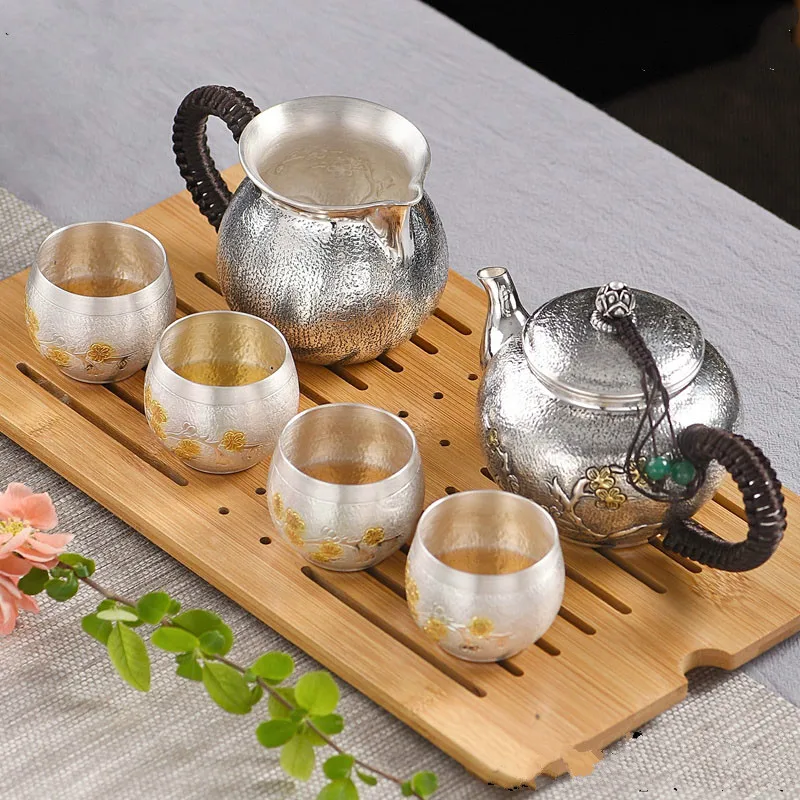 

S999 sterling silver kungfu tea set portable teapot tea cup tea set tea ceremony teapot set