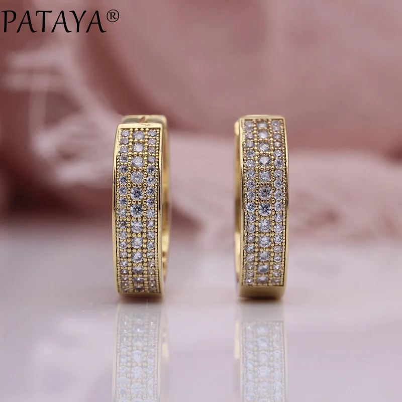 PATAYA New Hollow Round Earrings Women Fashion Fine Wedding Party Jewelry 585 Rose Gold Color Natural Zircon Dangle Big Earrings