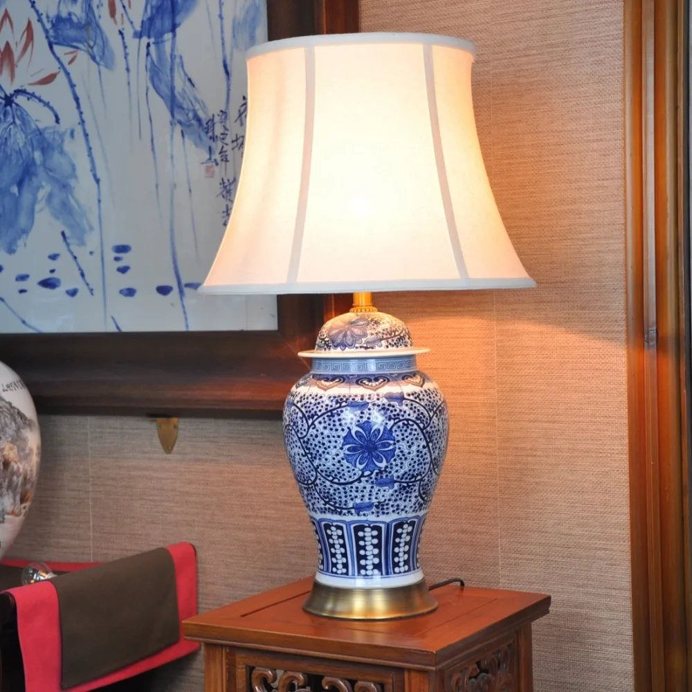 Vintage chinese porcelain ceramic table lamp bedroom living room wedding table lamp Jingdezhen blue ceramic table lamp