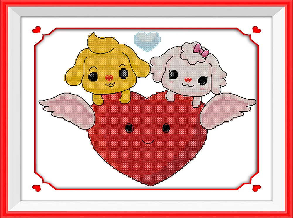 Cross Stitch Kit para DIY Bordado, Doce Coração Cães, Love Aida, Desenhos Animados, Handmade, 14th, 14th