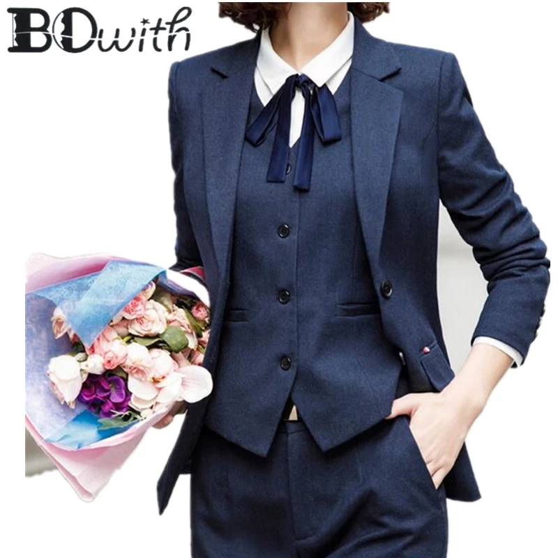 Formal Navy 3 Piece Sets Work Pant Suits OL Single Breasted Women Blazer Jacket & Zipper Trousers & Vest Suit For Women Set