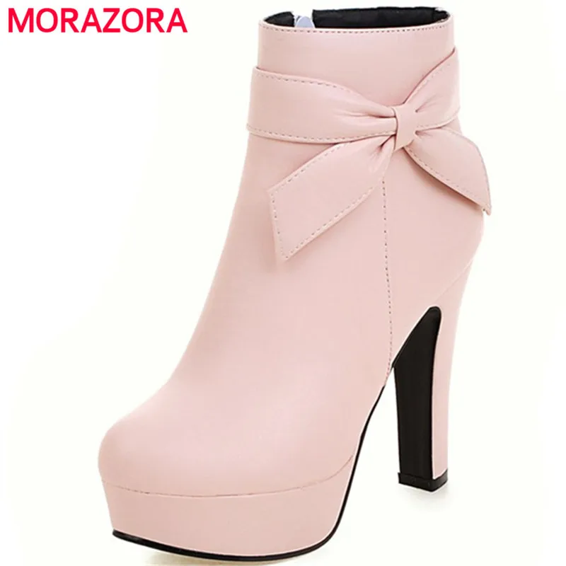 MORAZORA-Bottines à plateforme en cuir PU avec nœud papillon pour femme, chaussures de fête, fermeture éclair solide, bottes validées, chaussures de mariage, mode printemps et automne