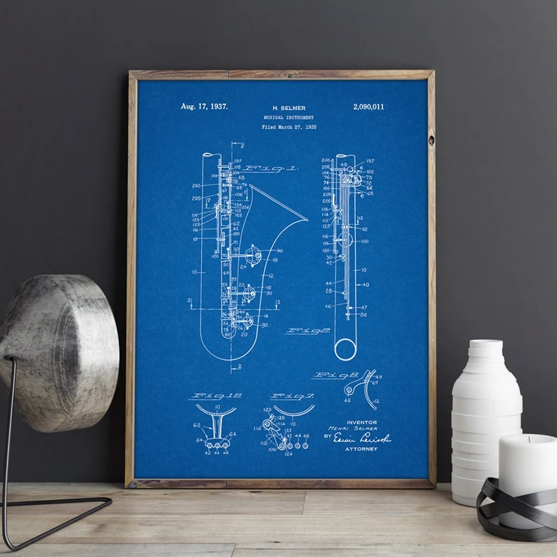 Saxophone Art Poster Prints Music Room Decor Vintage Patent Blueprint Canvas Painting Picture Gift Music Wall Decorations