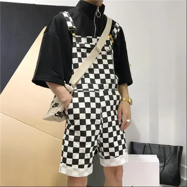 Plus Size XXL Women Men Checkerboard Plaid Short Jumpsuit Overalls Button Straps Romper Hip hop Playsuit Casual Loose Suspender