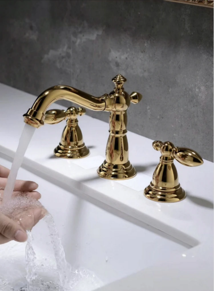 Free ship Gold Pvd clour 3 pieces Widespread  Lavatory sink Faucet basin mixer tap deck mounted double lever handles