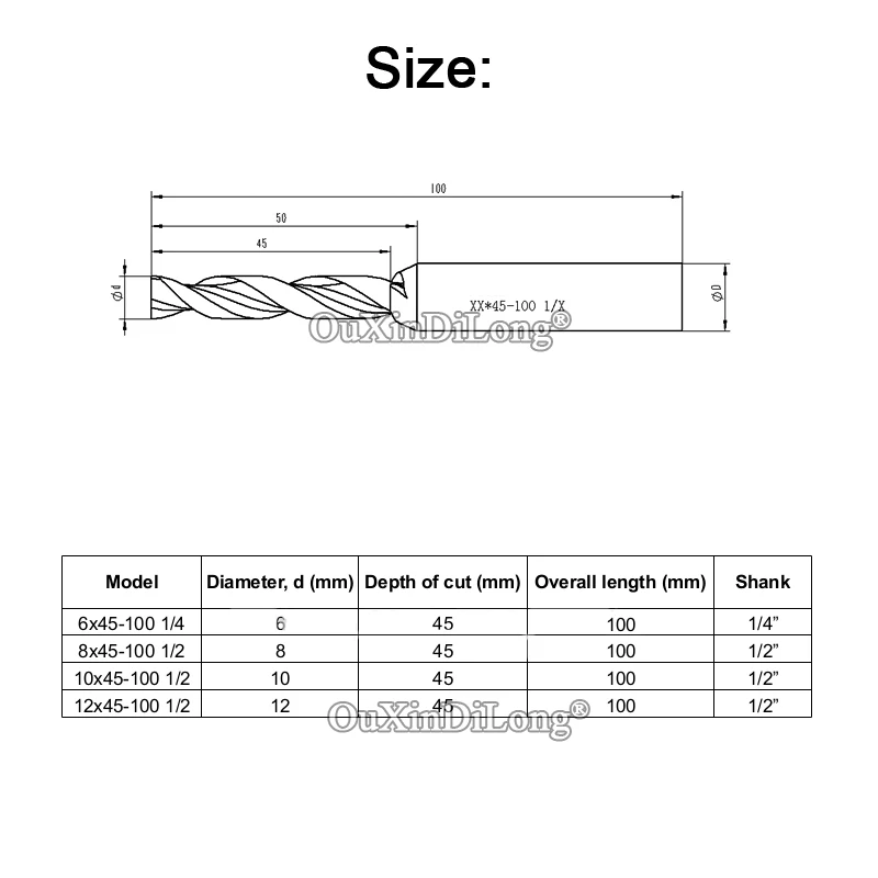 SET of 4PCS Woodworking Milling Cutter Dia 6,8,10,12mm, Upcut Spiral Router Bit, 1/2 and 1/4 Shank JF1656