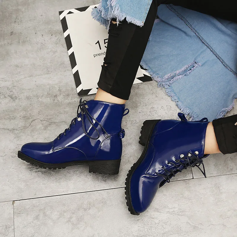 Phoentin lace-up ankle boots for women winter rivet butterfly knot blue black green short boots patent leather punk shoes FT175