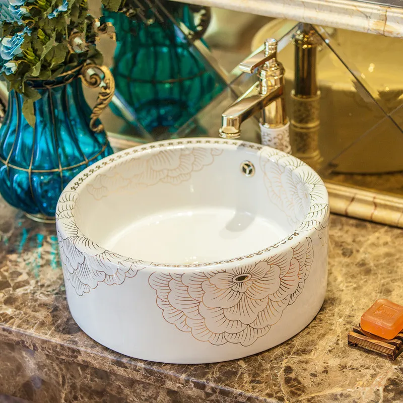 White peony pattern Chinese Cloakroom Counter Top porcelain wash basin bathroom sinks ceramic art countertop washbasin