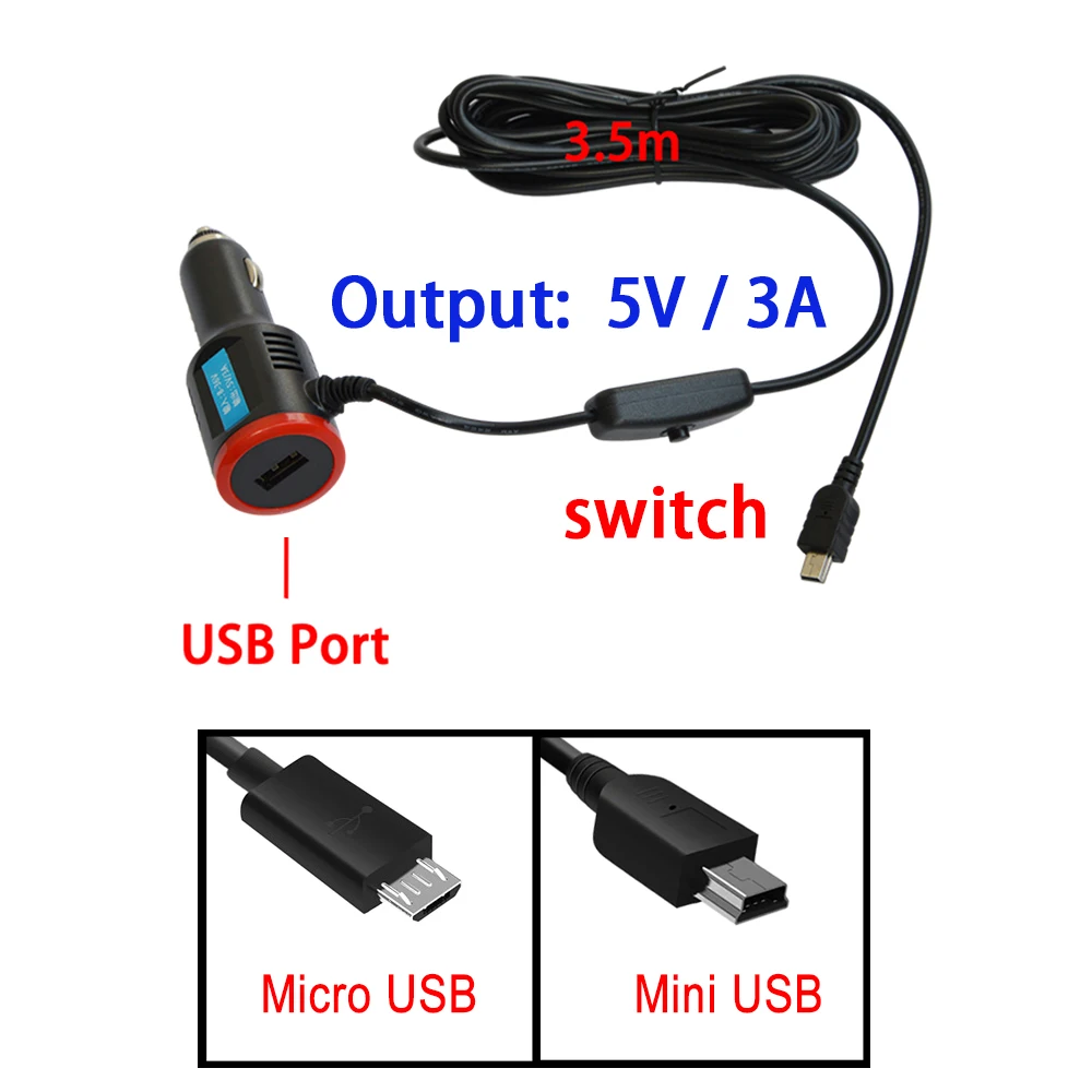 

5V 3A USB Ports Dash Cam Car Cigarette Adapter Lighter Socket Charger For DVR Vehicle Charging with 3.5 meters Cable