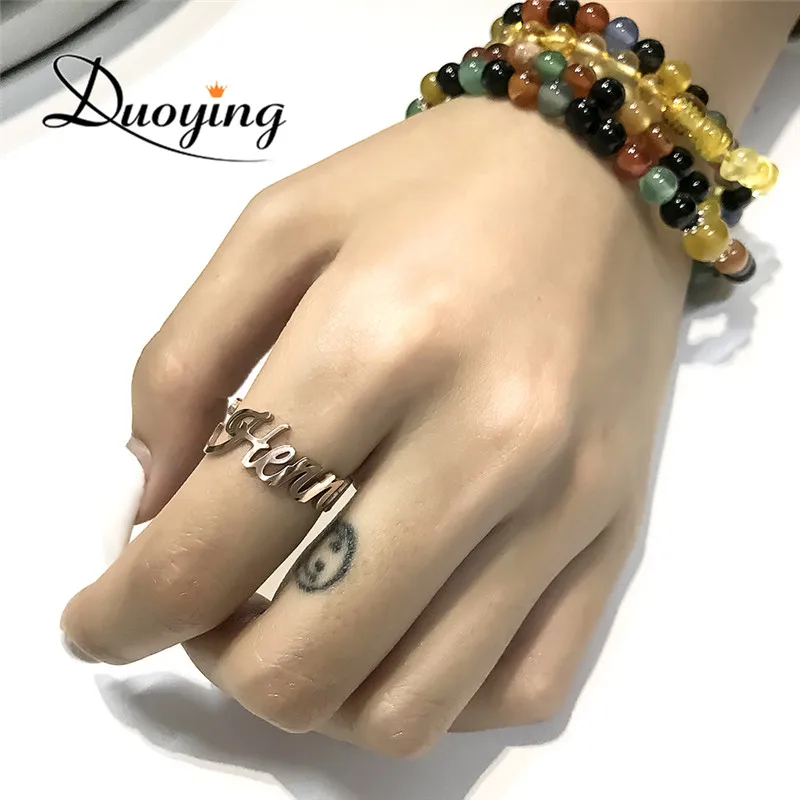 DUOYING Custom Spiral Ring Personalized Name Ring Nameplate Gold Rings Couple Lover Graduation Keepsake Gift Stainless Steel