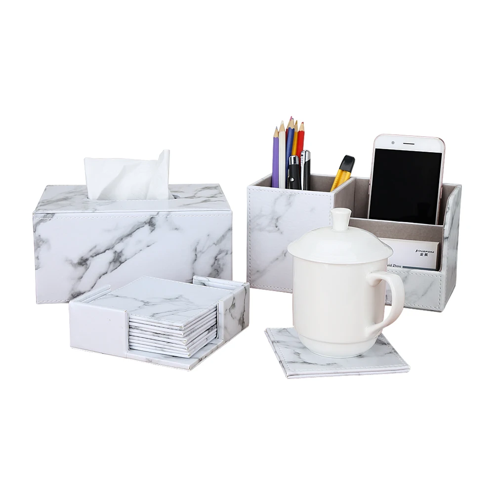 Office Supplies Marble Desk Organizer Set Wooden Pen Holder PU Leather Stationery Storage Box Tissue Boxes Square Cup Coaster