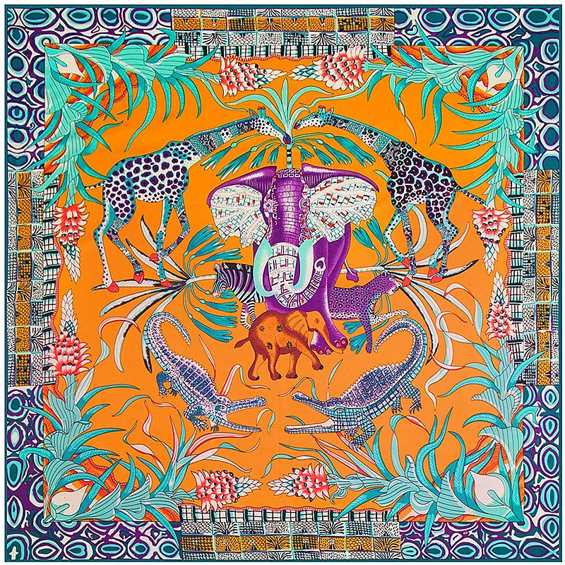 130cm Square Scarf 2023 Brand Women Twill Silk Scarf Animal Elephant Leopard Giraffe Print Large Square Scarves Foulard Scarf