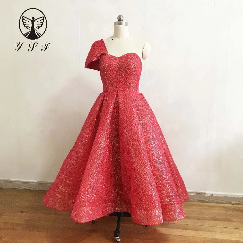 Fashion Red One Shoulder Sweetheart Bling Bling Puffy Tea Length Prom Dress