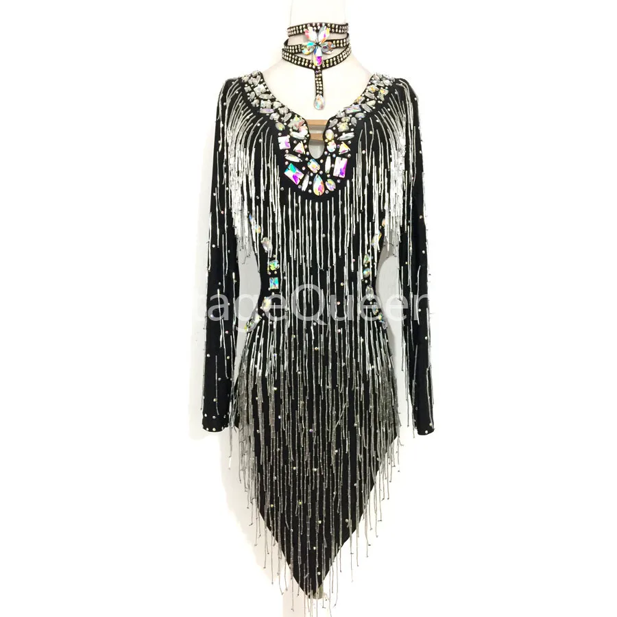 Customed Latin Dance Dress Women Competition Performance Costume Fringed Skirt Shiny Sexy Rhinestones Dance Dresses For Girls