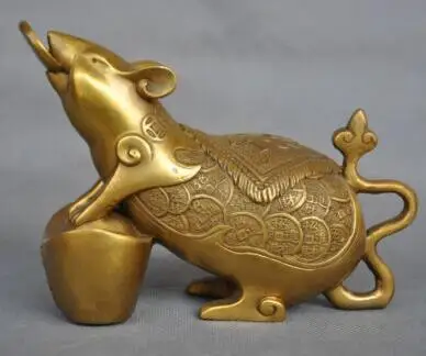 

Exquisite Chinese Zodiac Animal Rat Mouse Coin Yuanbao Money Bronze Statue