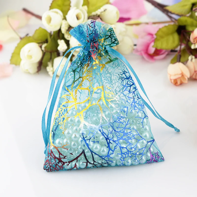 100pcs/lot Small Organza Bags 9x12cm Coral Pattern Wedding Christmas Gift Bag Bracelet Jewelry Packaging Bags Drawstring Pouches