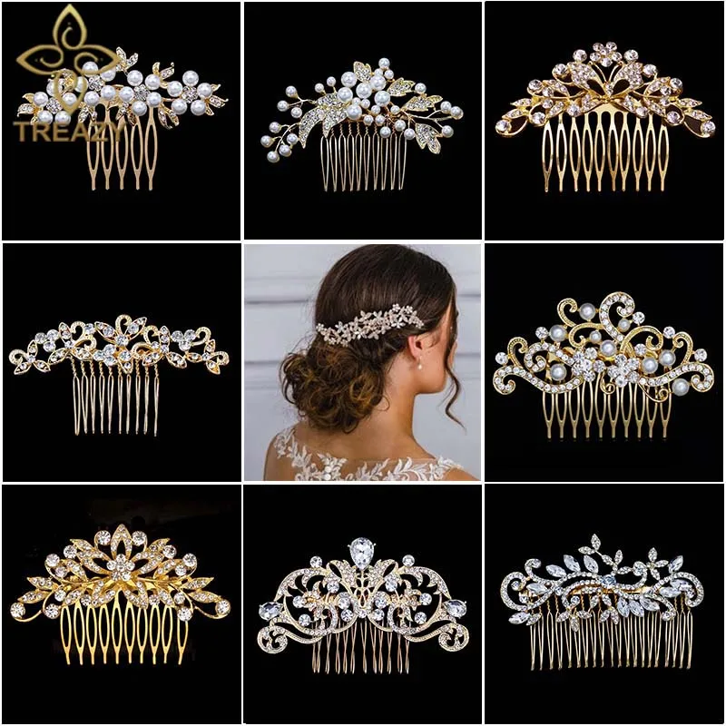 TREAZY Gold Color Wedding Hair Combs For Women Charm Pearls Crystal Bridal Hair Accessories Birthday Party Headwear Brides Tiara