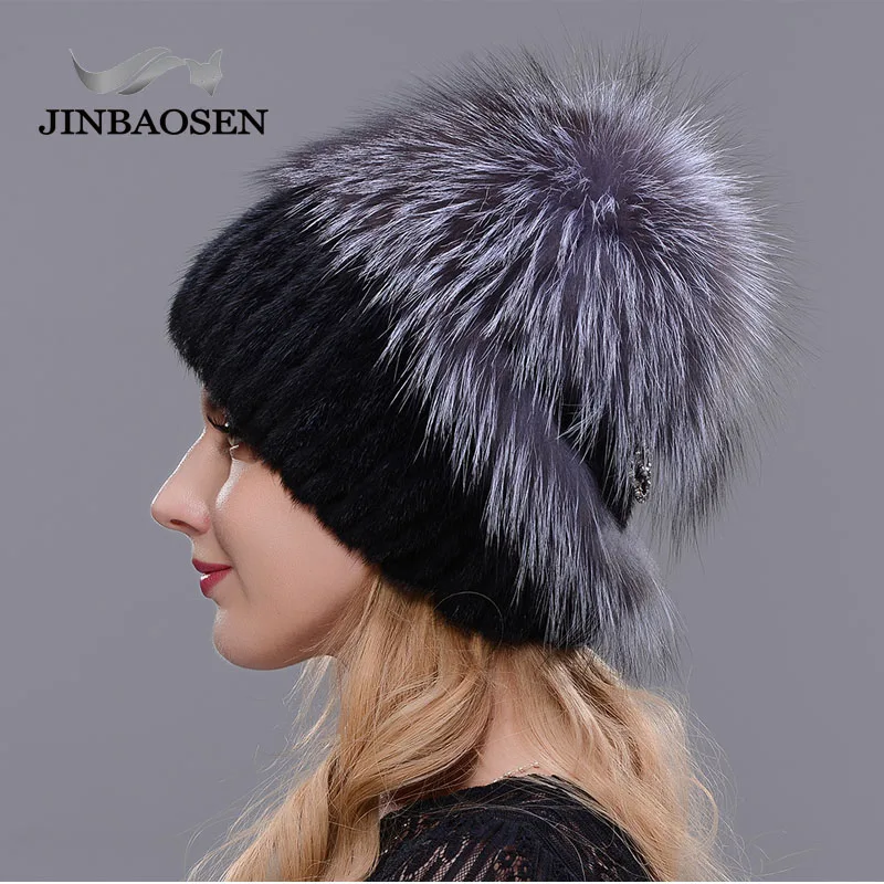 JINBAOSEN Fashion Mink Fur Fox Hat Woman Winter Warm Fox Knitted Hat Woman New Natural Fur And Water drill Ski Hat
