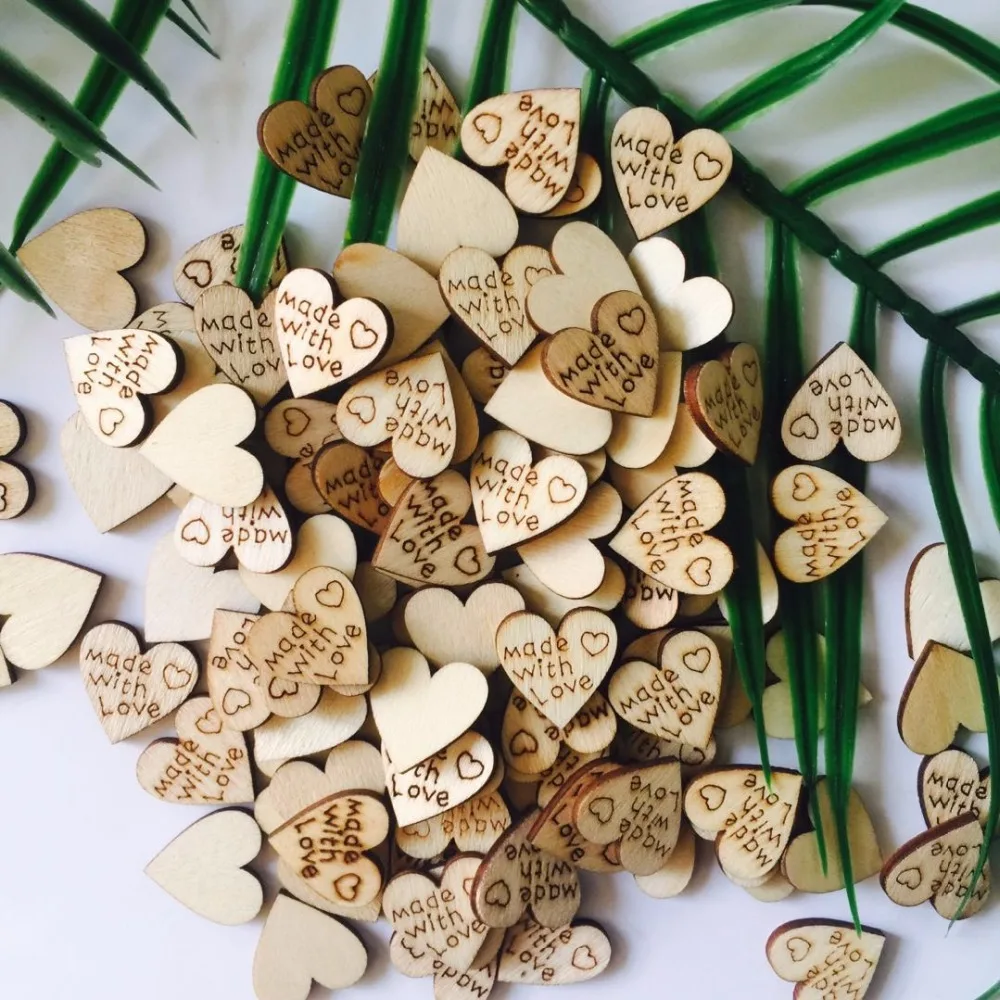 100pcs 2cm DIY Natural Wooden Heart Shapes MADE WITH LOVE for Weddings Plaques Art Craft Embellishment Sewing Decoration Buttons