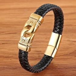 TYO Wholesale Vintage Stainless Steel Charm Bracelet Braided Leather Handmade Bracelets for Men Jewelry 7.5''/8.3''/9.1''