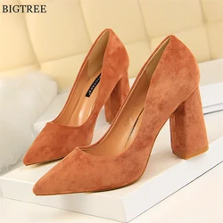 Square High Heels Concise Woman Work Shoes Autumn Soft Flock Pointed Toe Women Pumps Shallow Female Comfort Dress Shoe Black Red