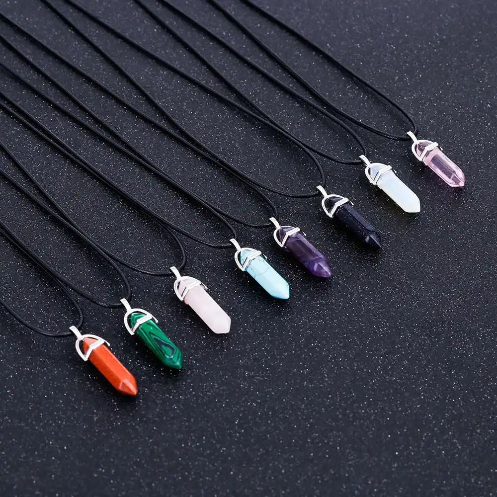 KISSWIFE Hexagonal Column Natural Crystal Tiger Eye Pendentif Amethyste Stone Pendant Leather Chains Necklace For Women Jewelry