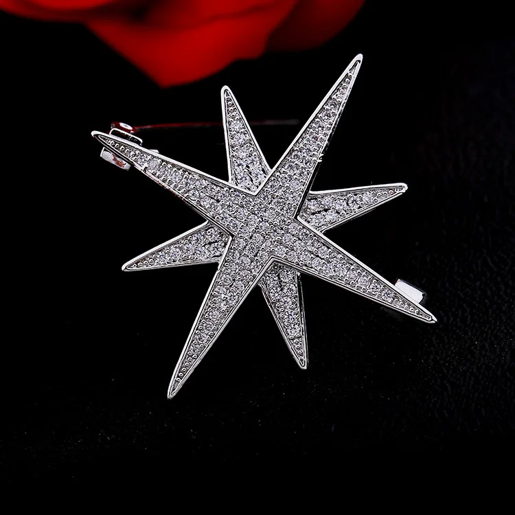 Shiny Full Micro Pave Clear CZ Double Layer 8 Point Small Star Burst Star Brooch Pins for Bag Hat V-neck Dress Sweater Accessory